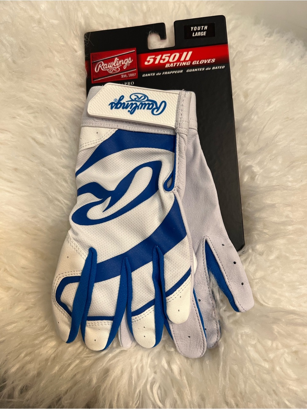 Rawlings White and Blue Youth Batting Gloves